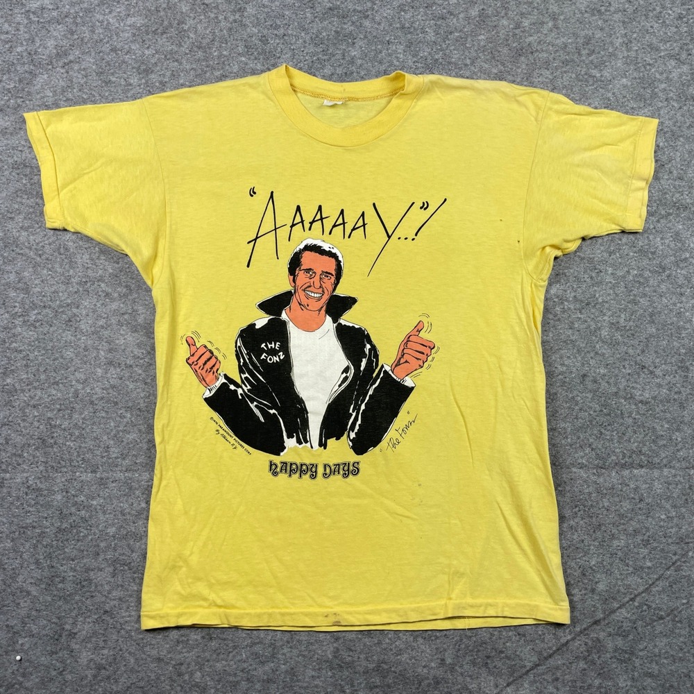 Vintage 70s Fonzi Happy Days T Shirt Mens L Yellow The Fonz Aaaay 1976 Thin